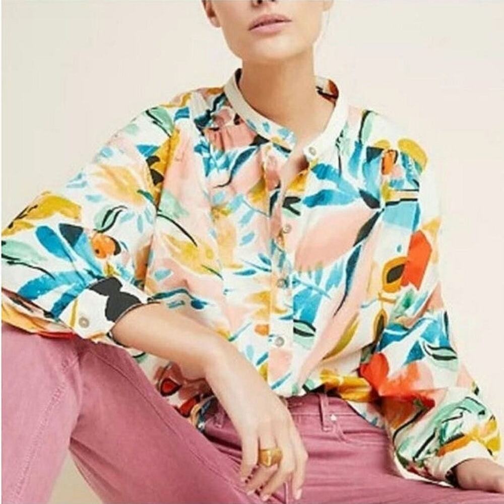 Anthropologie Floral Button Down Shirt Relaxed Fit Long Sleeve Tropical Boho S